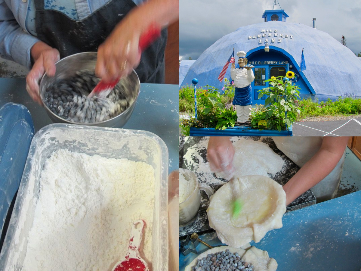 Images depict Wild Blueberry Land and pies being made to sell at this quirky Maine museum