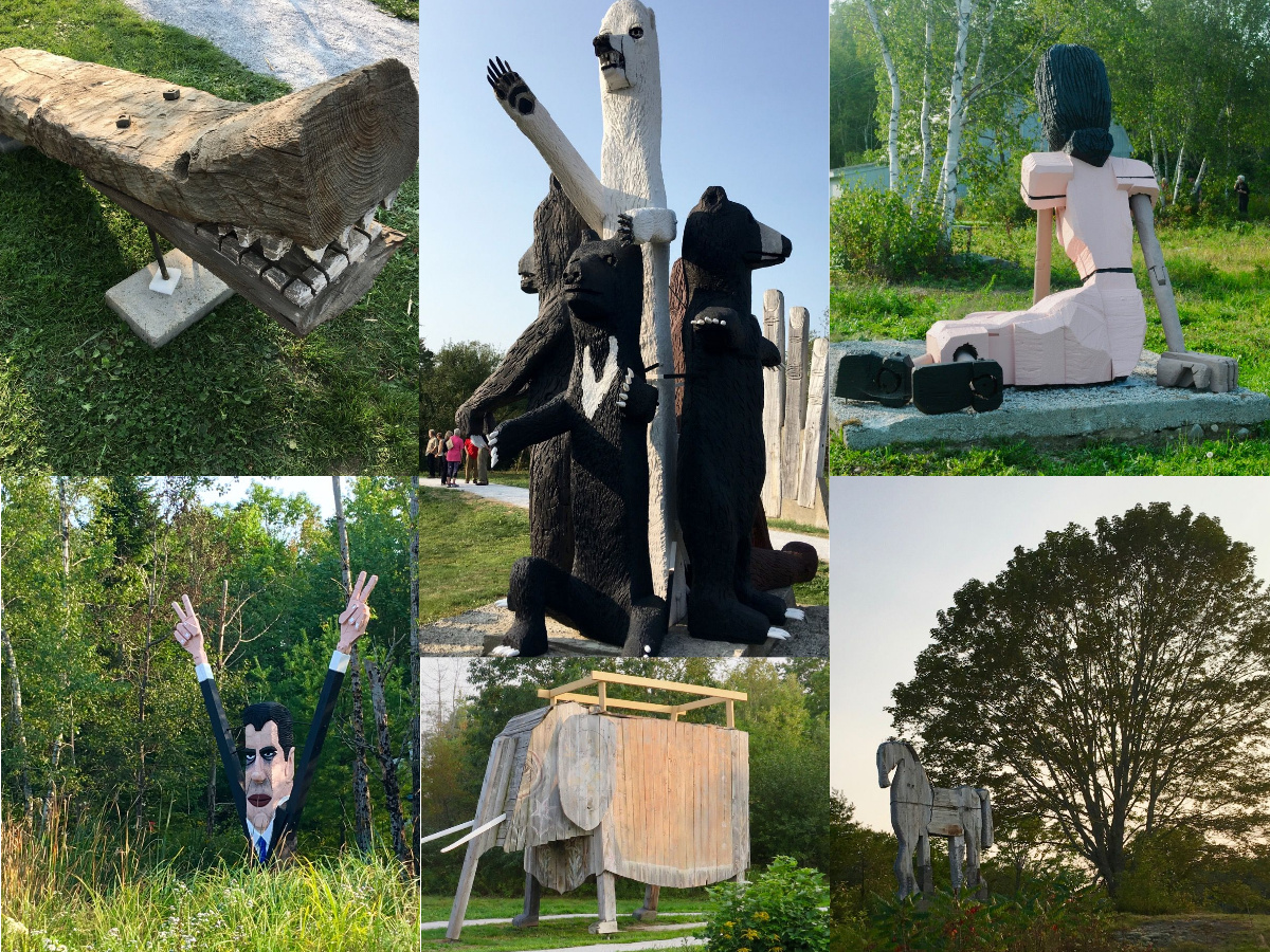 A few of the works displayed at the outdoor Langlais Sculpture Preserve, an outdoor quirky Maine museum